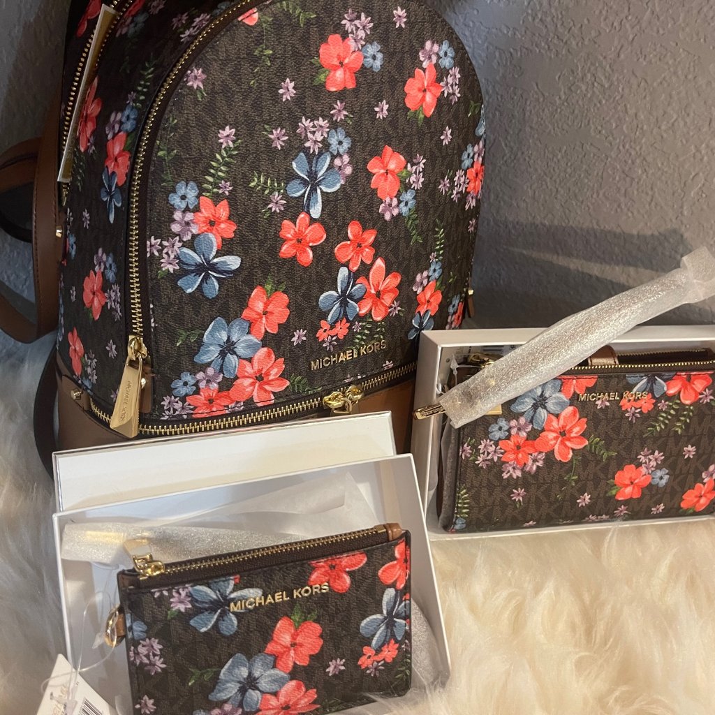 Michael Kors Rhea Zip Brown Multi Backpack, Coin Purse, And Wristlet